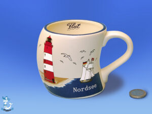 Becher „Leuchtturm Nordsee“ (rot-weiß), 9 cm, gebogen