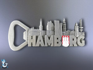 Metallmagnet Steuerrad mit Möwe „Hamburg“, 6,5 cmMetallmagnet Flaschenöffner „Hamburg“ Skyline, 6,5