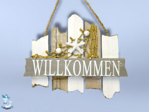 Holz Schild Willkommen 17cm grau